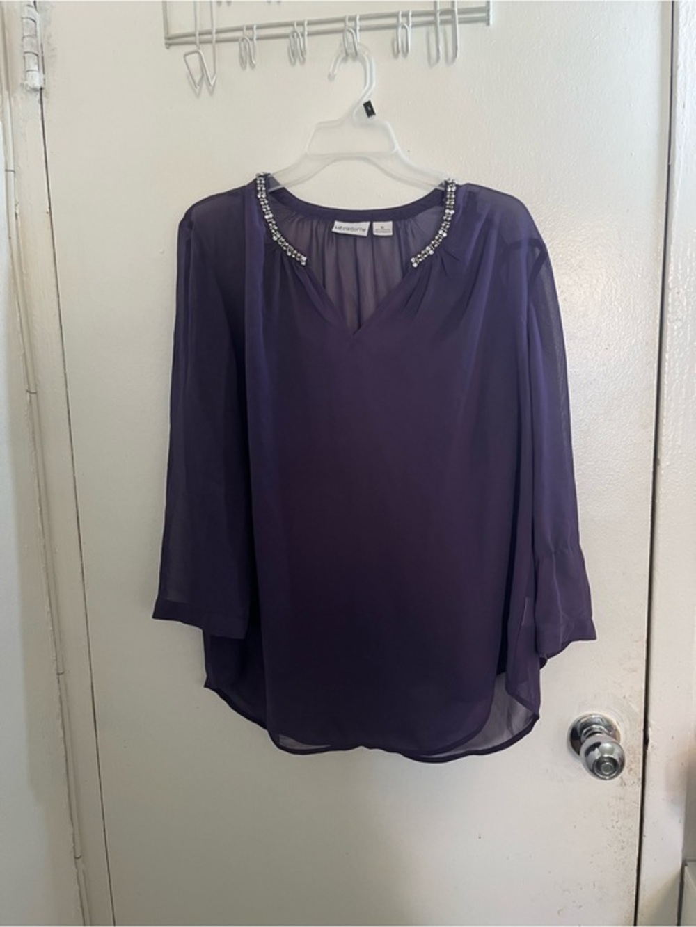 Liz Claiborne Jewel-Embellished Deep Purple Chiffon Blouse